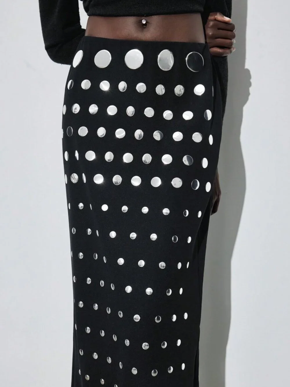 Black Elegant Studded Women's Straight Skirt